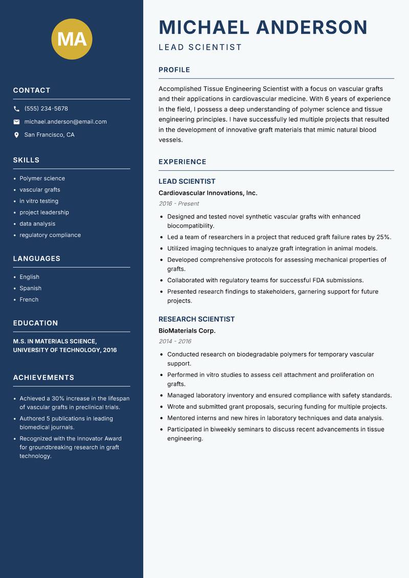 Tissue Engineering Scientist resume template — Classic Clean