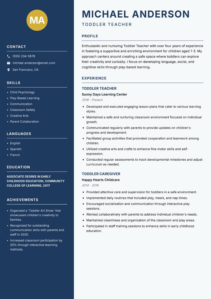 Toddler Teacher resume template — Classic Clean