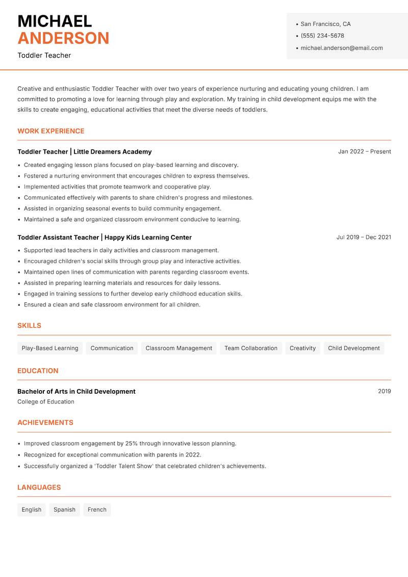 Toddler Teacher resume template — Modern Professional