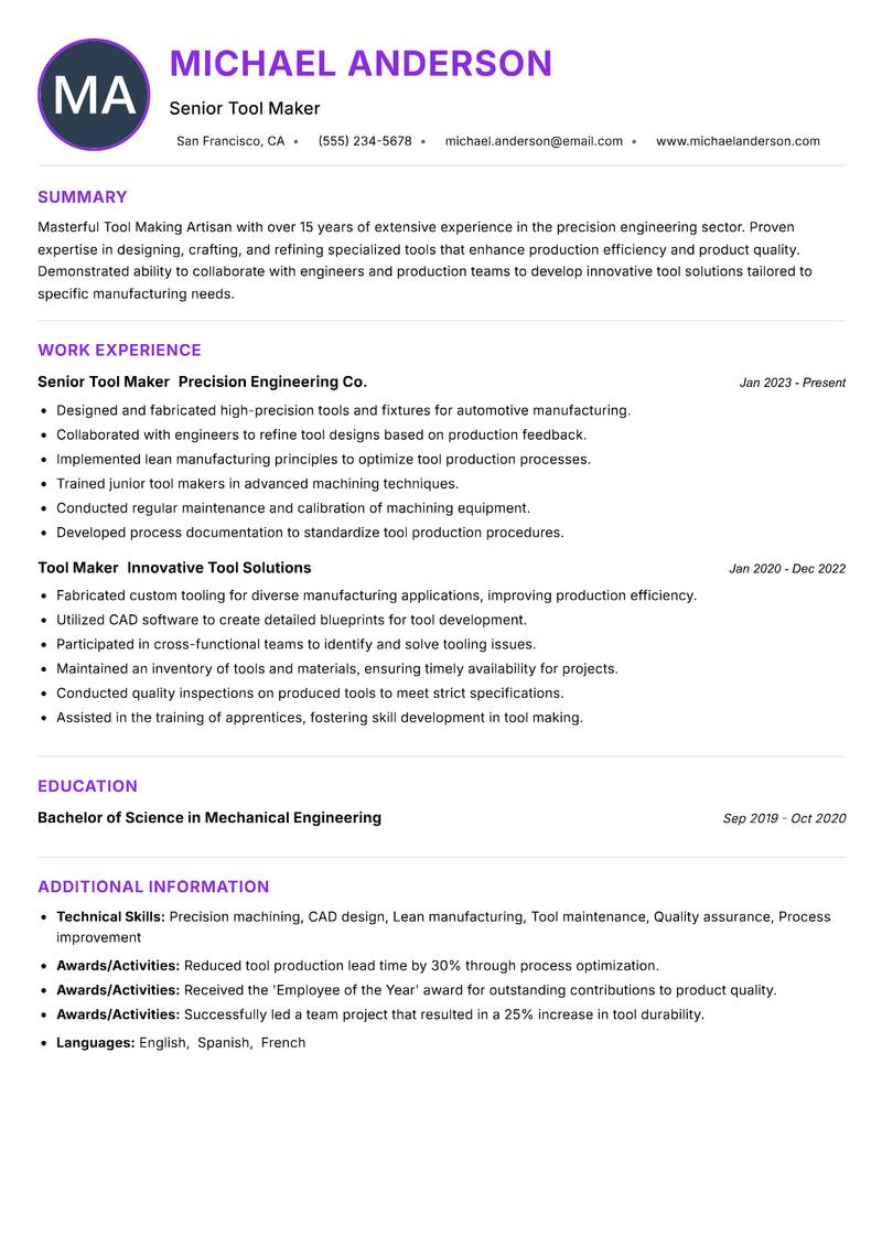 Tool Making Artisan resume example — ATS-friendly template