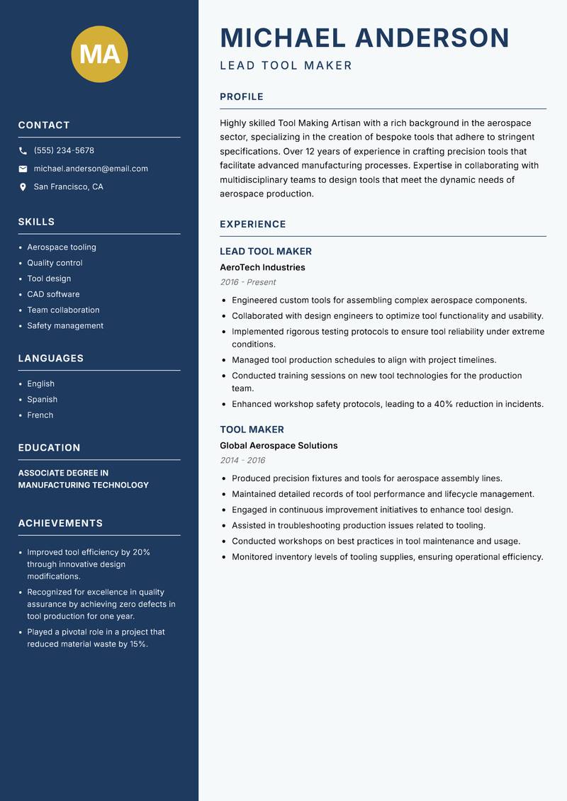 Tool Making Artisan resume template — Classic Clean
