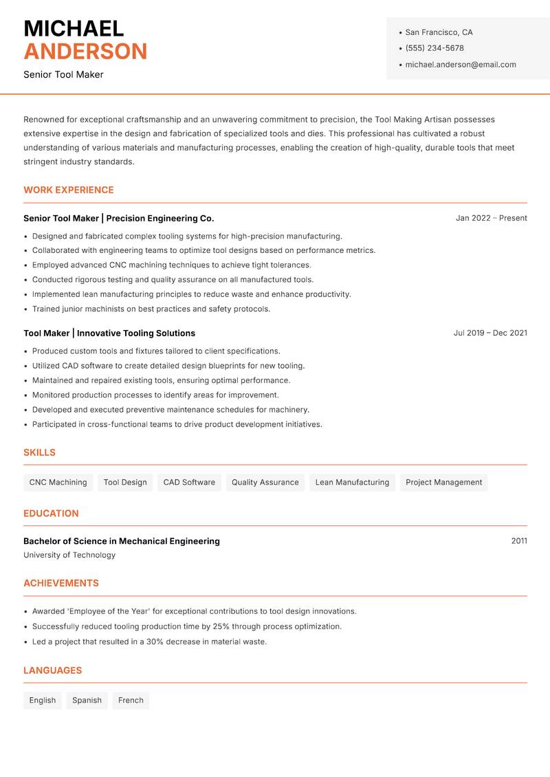 Tool Making Artisan resume template — Modern Professional