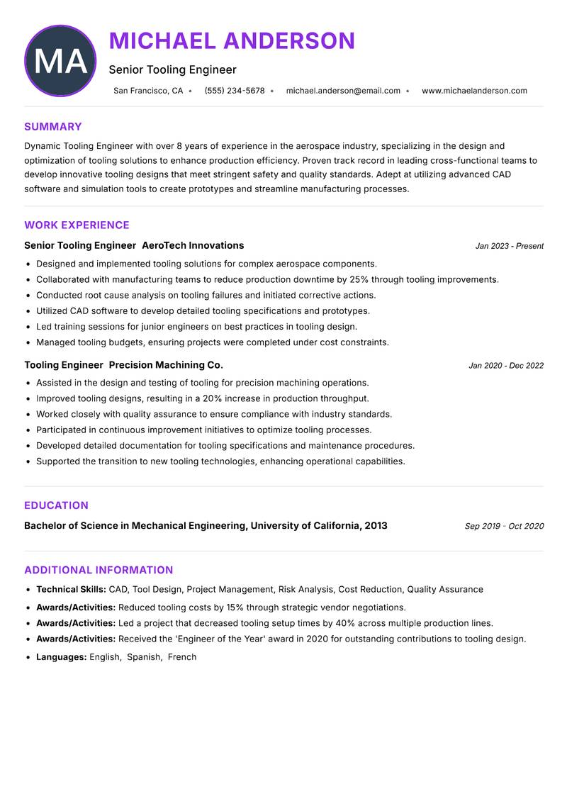 Tooling Engineer resume example — ATS-friendly template
