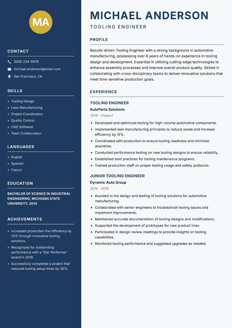 Tooling Engineer resume template — Classic Clean