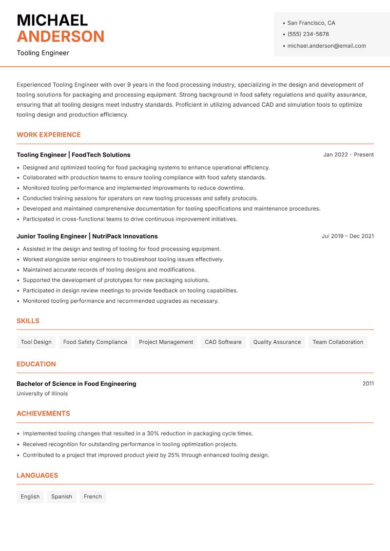 Tooling Engineer resume template — Modern Professional