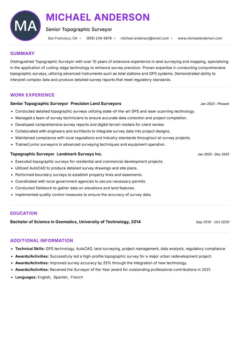 Topographic Surveyor resume example — ATS-friendly template