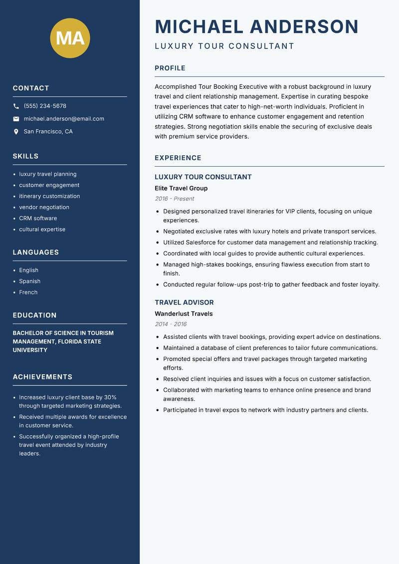 Tour Booking Executive resume template — Classic Clean