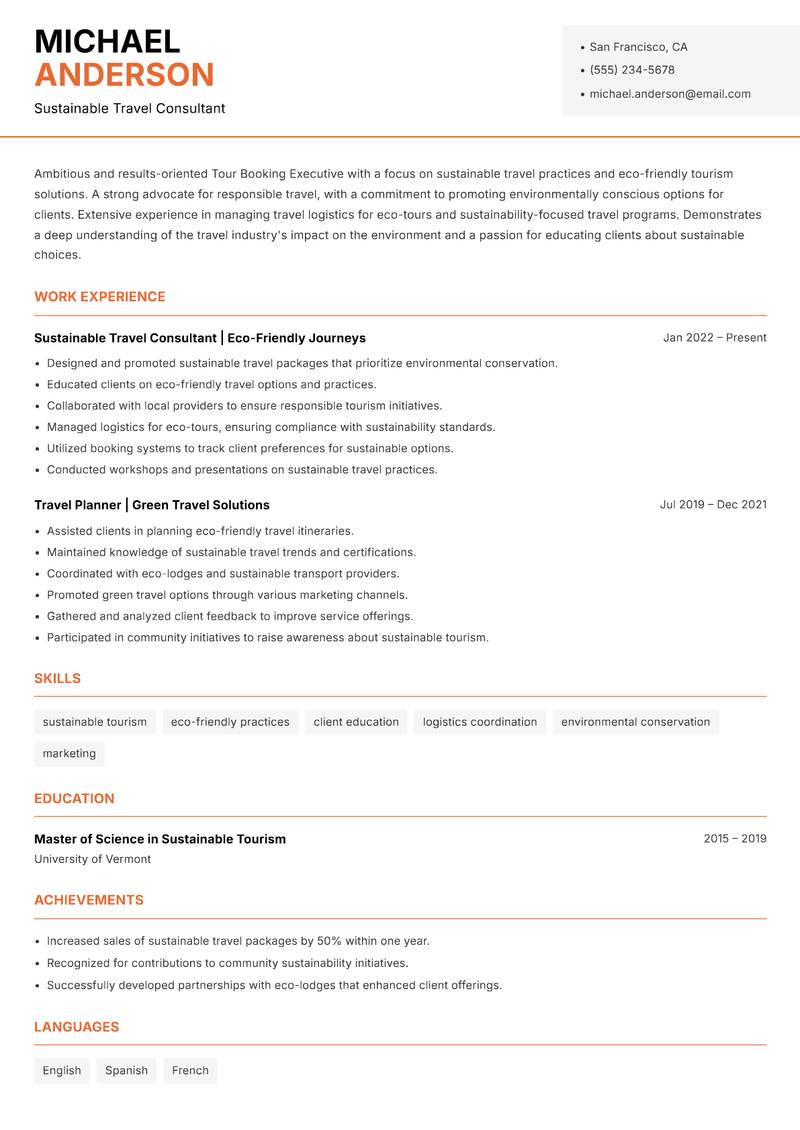 Tour Booking Executive resume template — Modern Professional