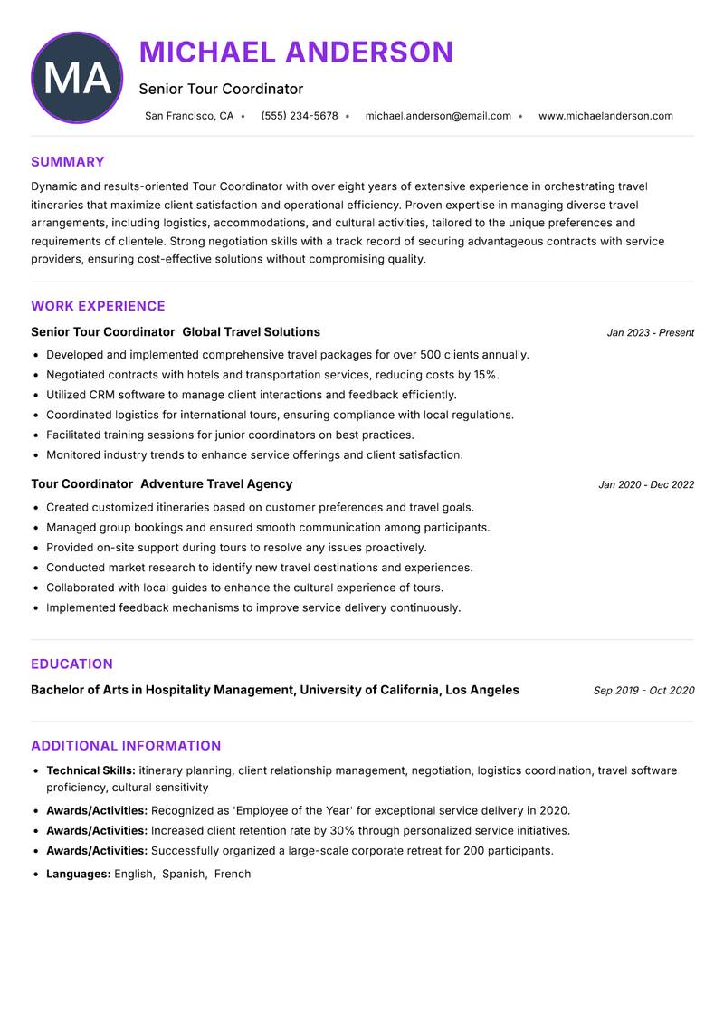 Tour Coordinator resume example — ATS-friendly template
