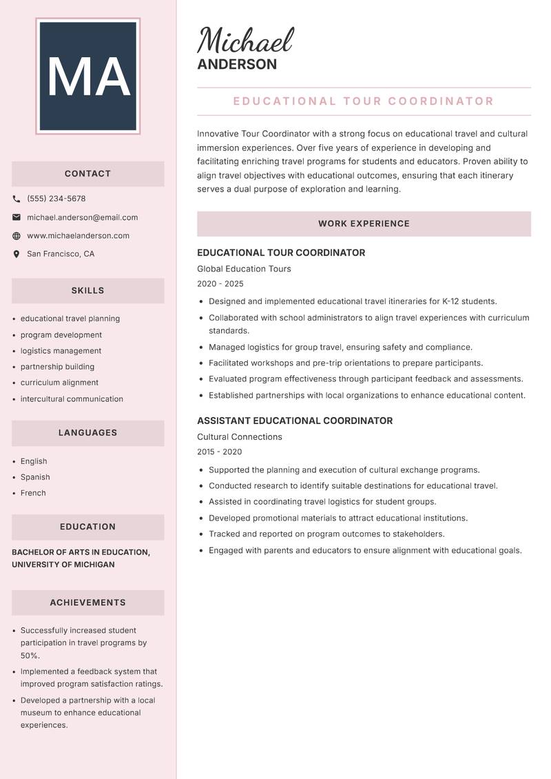Tour Coordinator resume template — Executive
