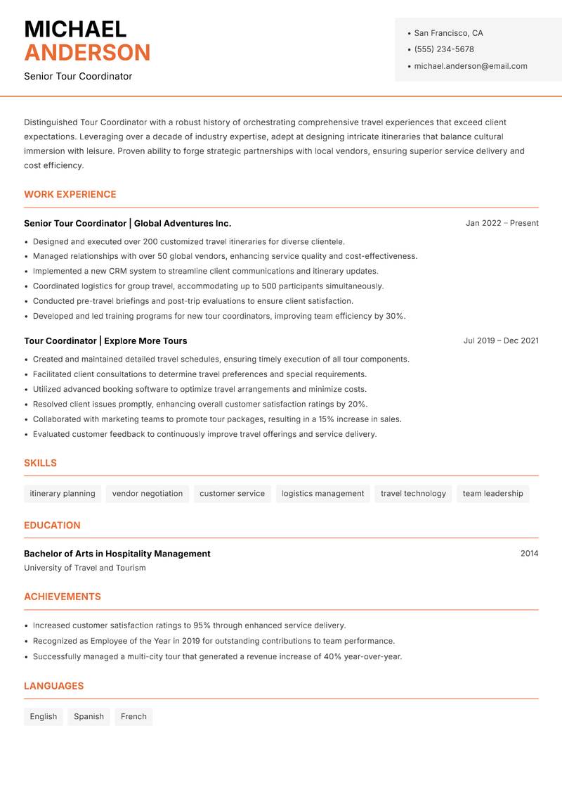 Tour Coordinator resume template — Modern Professional