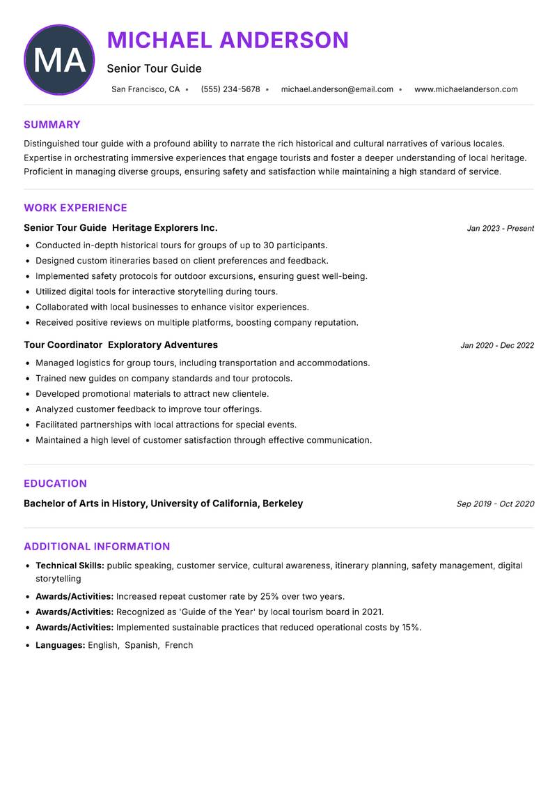 Tour Guide resume example — ATS-friendly template