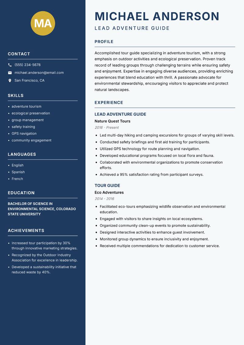 Tour Guide resume template — Classic Clean