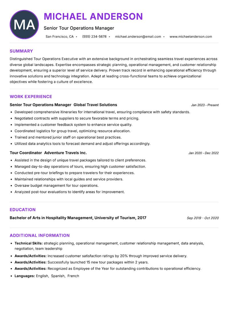 Tour Operations Executive resume example — ATS-friendly template