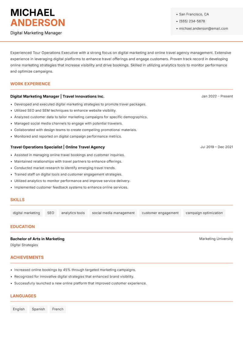 Tour Operations Executive resume template — Modern Professional