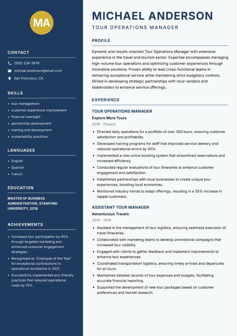 Tour Operations Manager resume template — Classic Clean