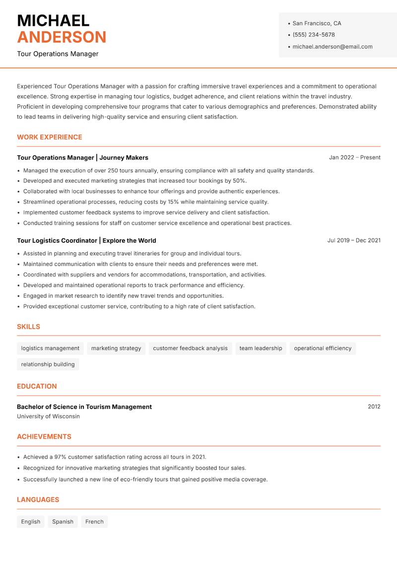 Tour Operations Manager resume template — Modern Professional