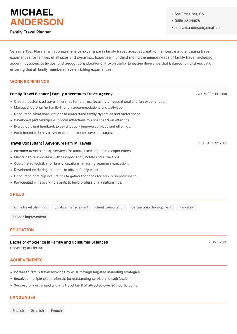 Tour Planner resume template — Modern Professional