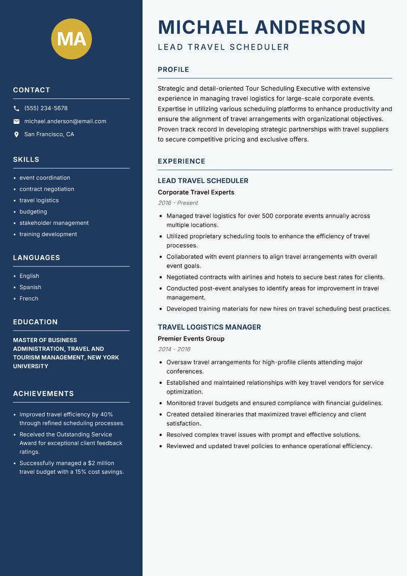 Tour Scheduling Executive resume template — Classic Clean