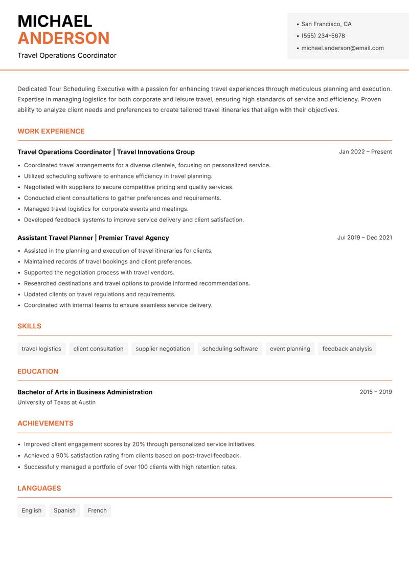 Tour Scheduling Executive resume template — Modern Professional