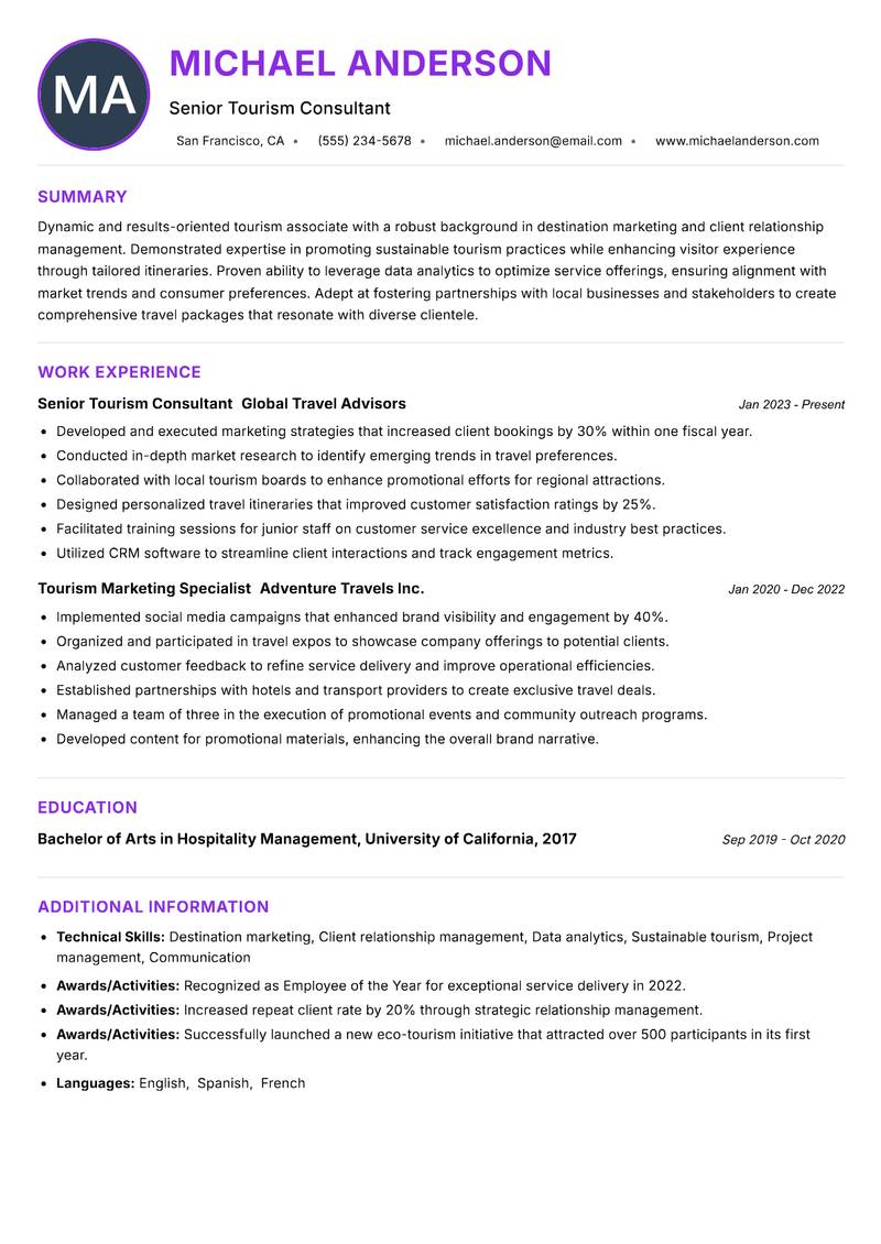 Tourism Associate resume example — ATS-friendly template