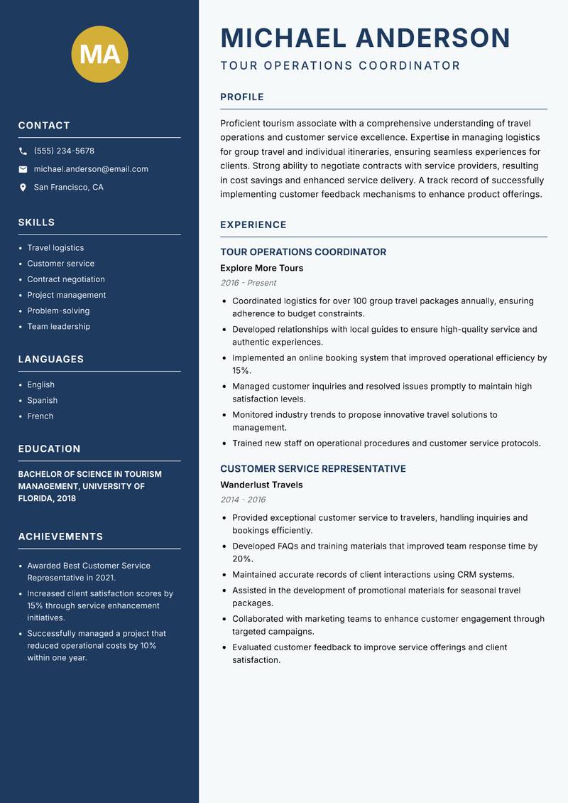 Tourism Associate resume template — Classic Clean