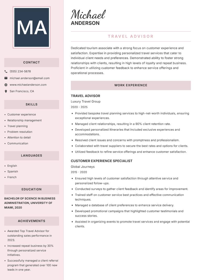 Tourism Associate resume template — Executive