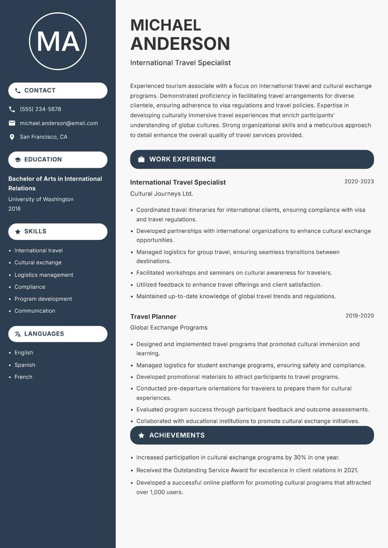 Tourism Associate resume template — Compact