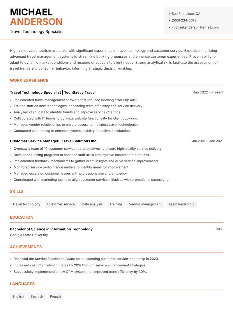 Tourism Associate resume template — Modern Professional