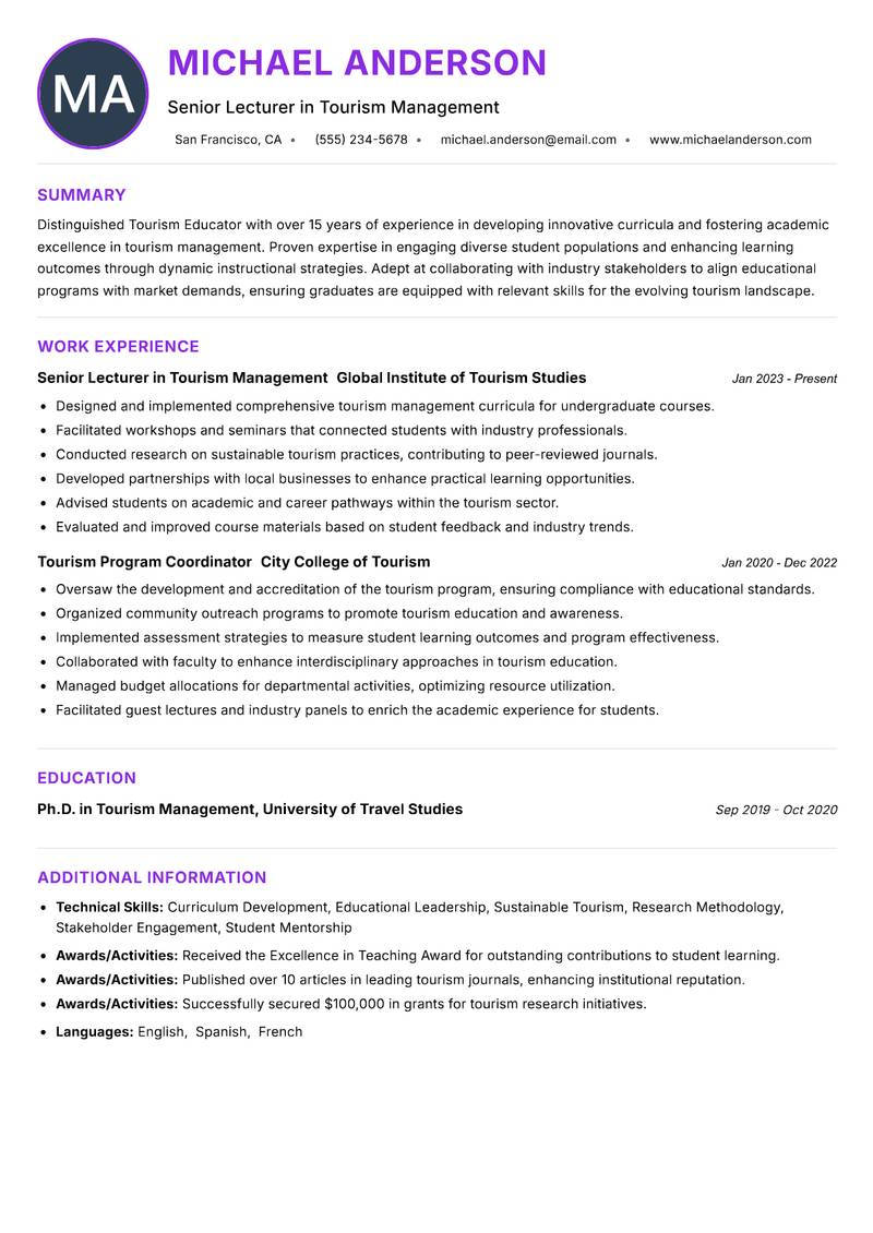 Tourism Educator resume example — ATS-friendly template