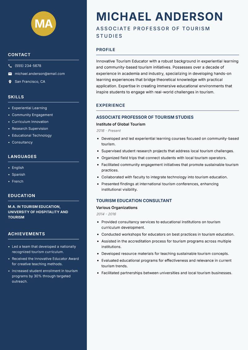 Tourism Educator resume template — Classic Clean
