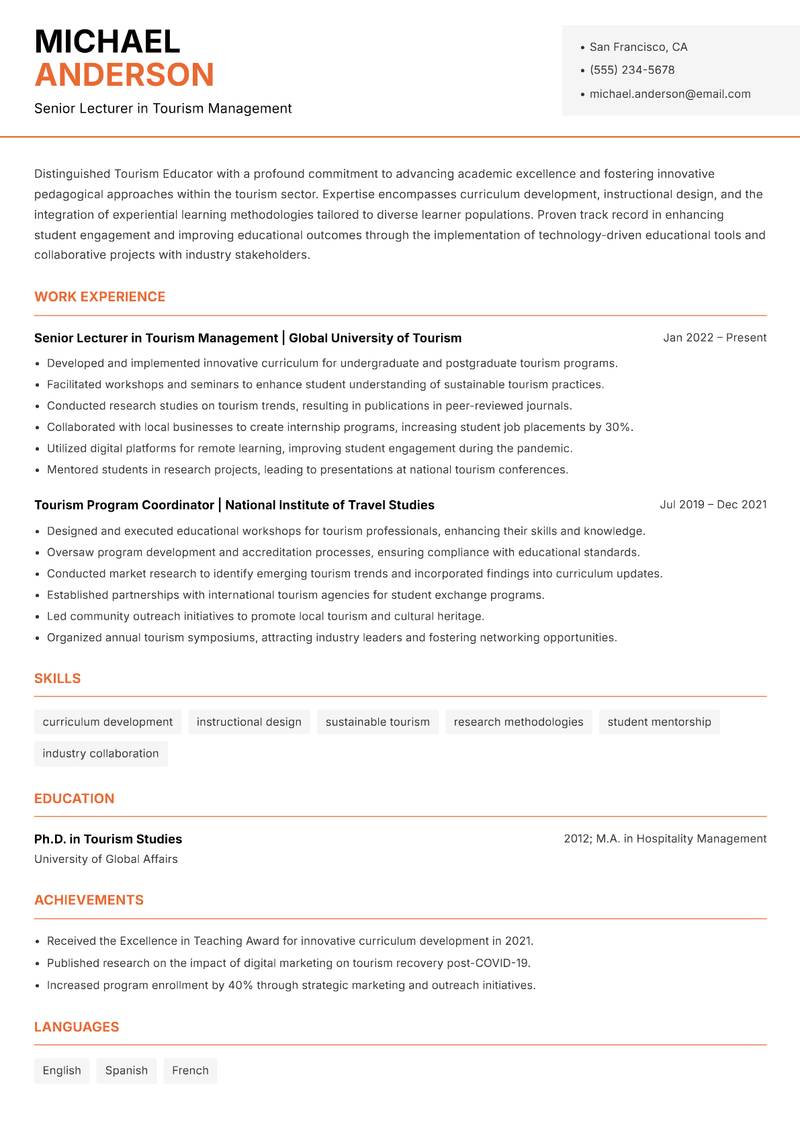 Tourism Educator resume template — Modern Professional