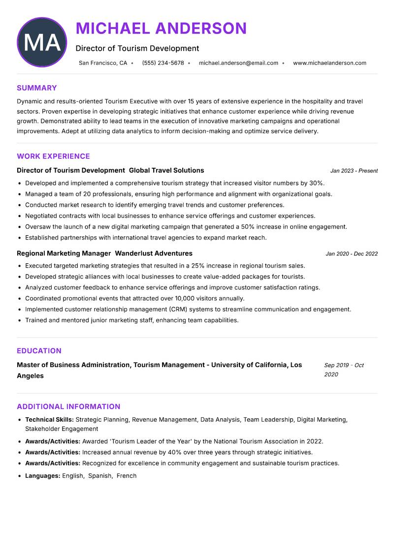 Tourism Executive resume example — ATS-friendly template