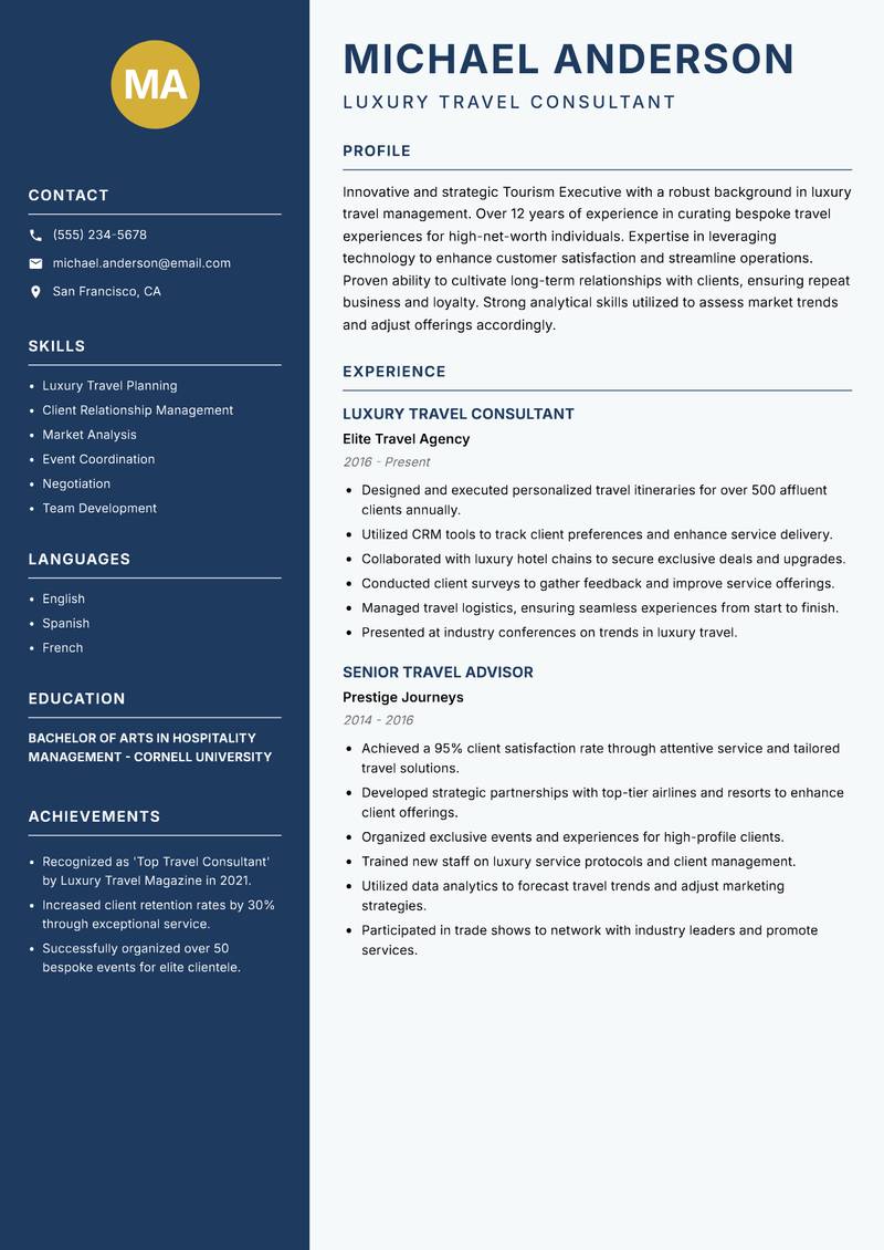 Tourism Executive resume template — Classic Clean