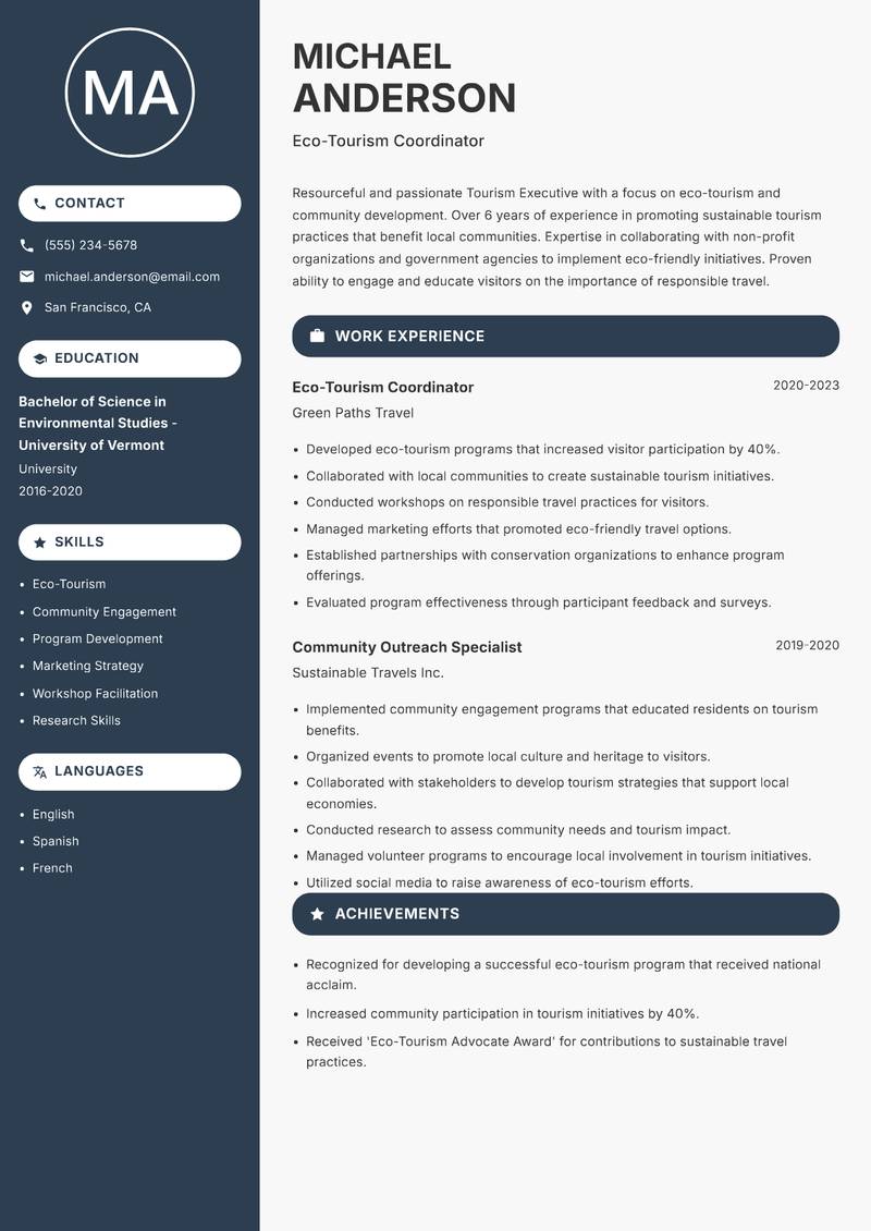 Tourism Executive resume template — Compact