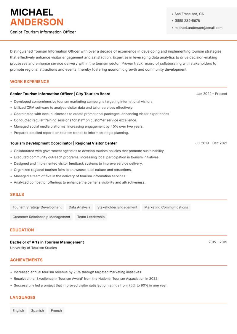 Tourism Information Officer resume template — Modern Professional