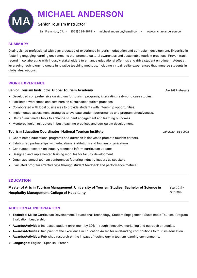 Tourism Instructor resume example — ATS-friendly template