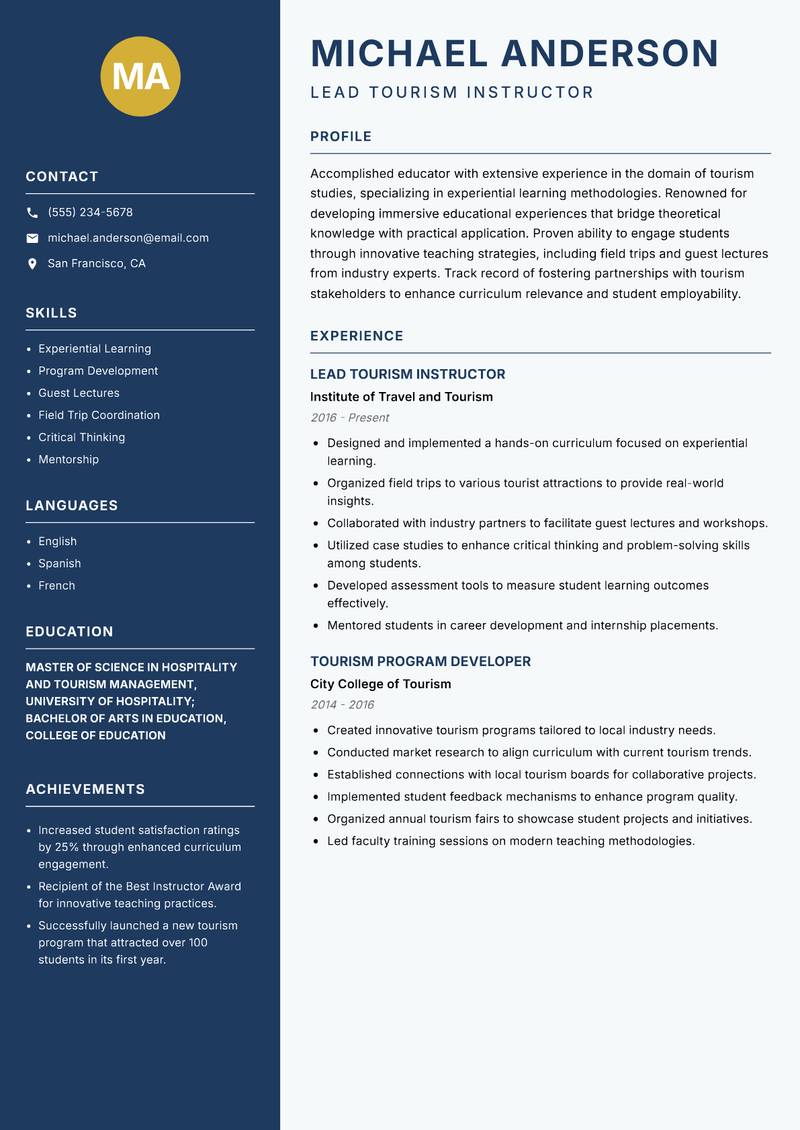 Tourism Instructor resume template — Classic Clean