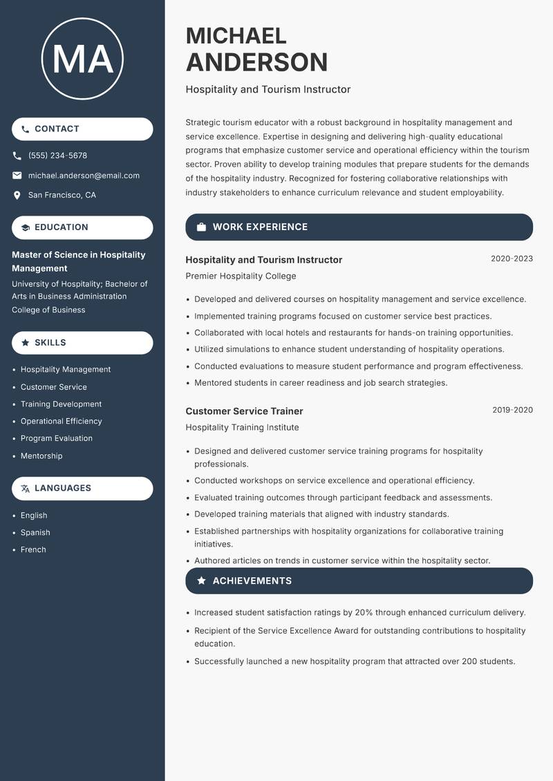 Tourism Instructor resume template — Compact