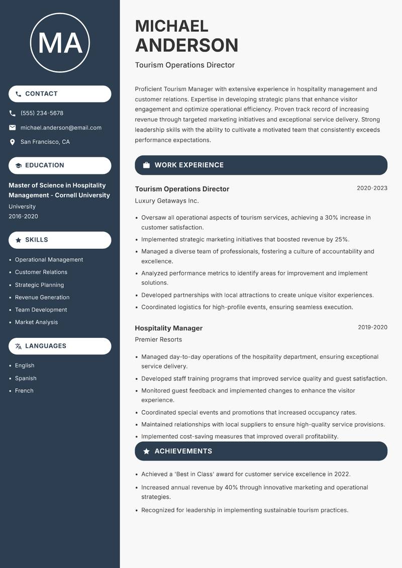 Tourism Manager resume template — Compact