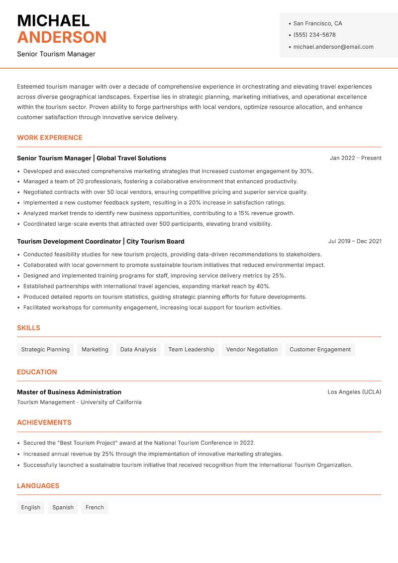 Tourism Manager resume template — Modern Professional