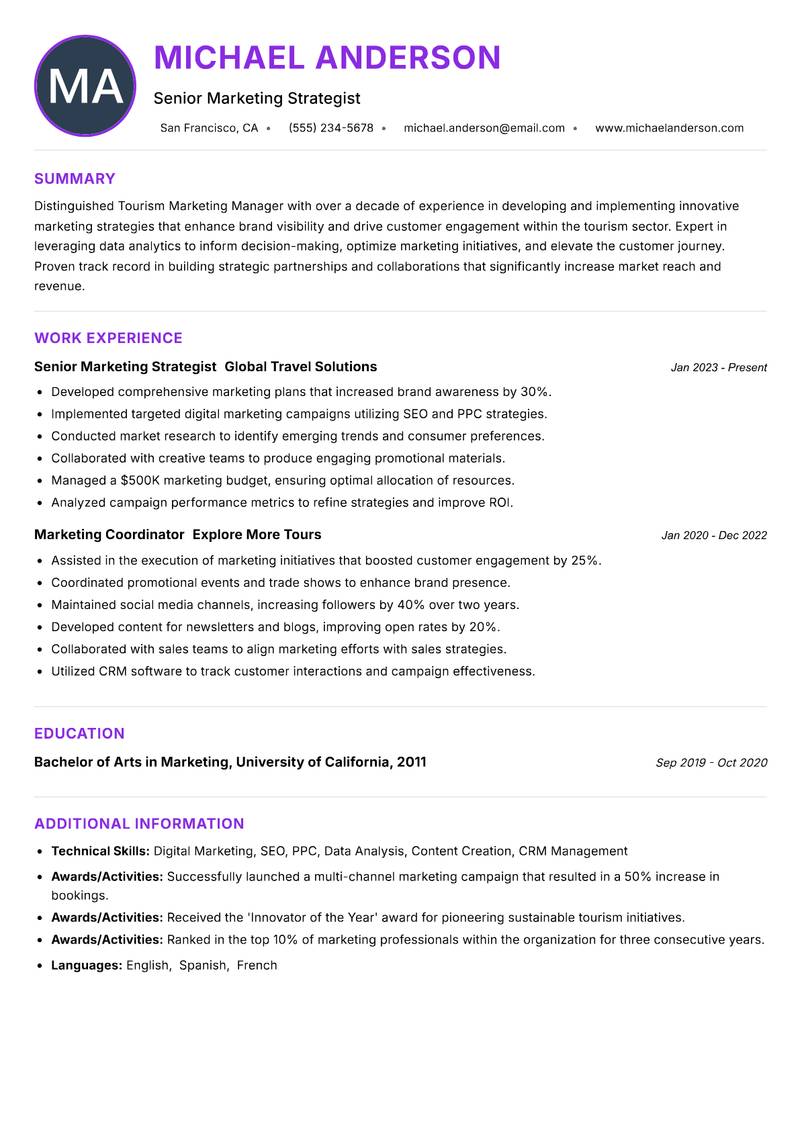 Tourism Marketing Manager resume example — ATS-friendly template