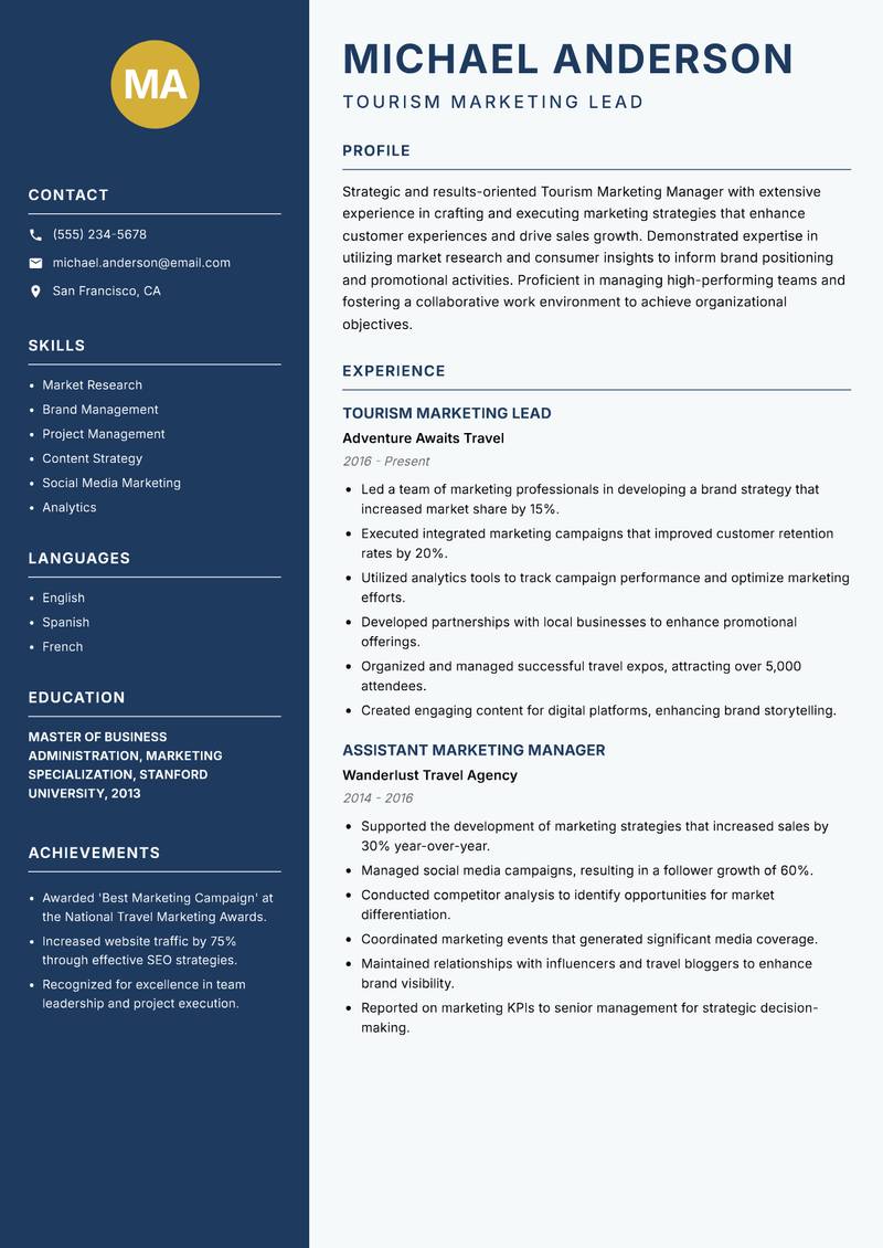 Tourism Marketing Manager resume template — Classic Clean