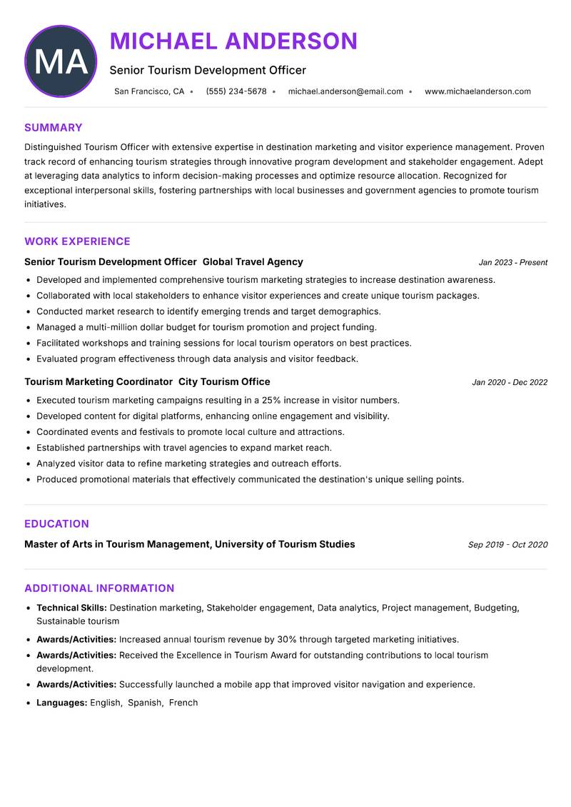 Tourism Officer resume example — ATS-friendly template