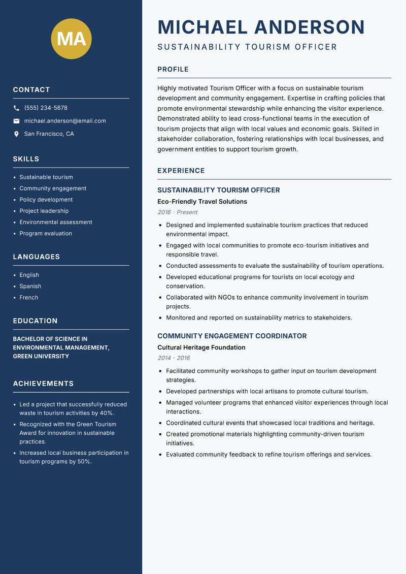 Tourism Officer resume template — Classic Clean