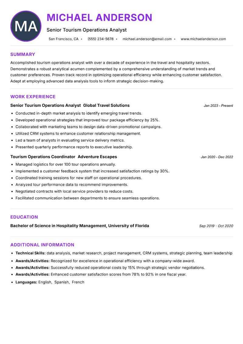 Tourism Operations Analyst resume example — ATS-friendly template