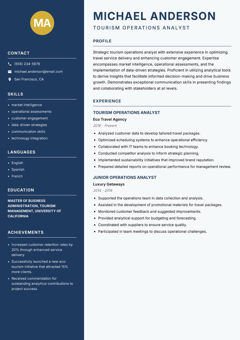 Tourism Operations Analyst resume template — Classic Clean