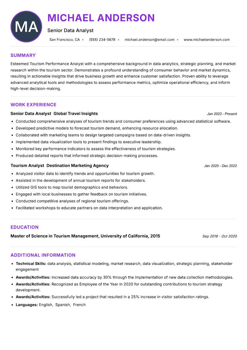 Tourism Performance Analyst resume example — ATS-friendly template