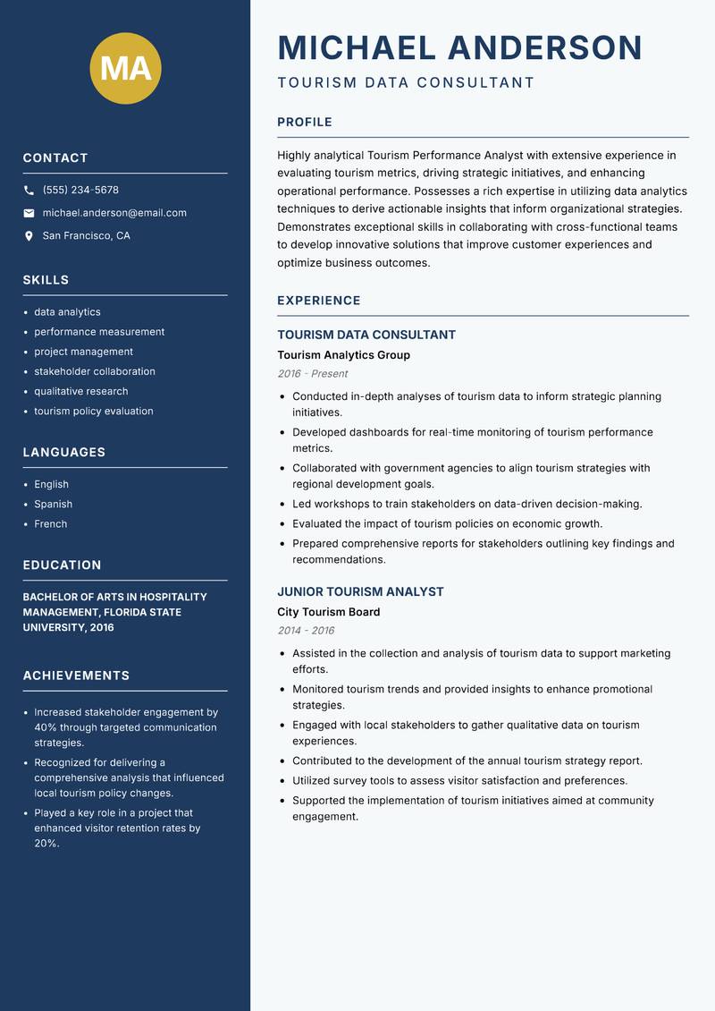Tourism Performance Analyst resume template — Classic Clean