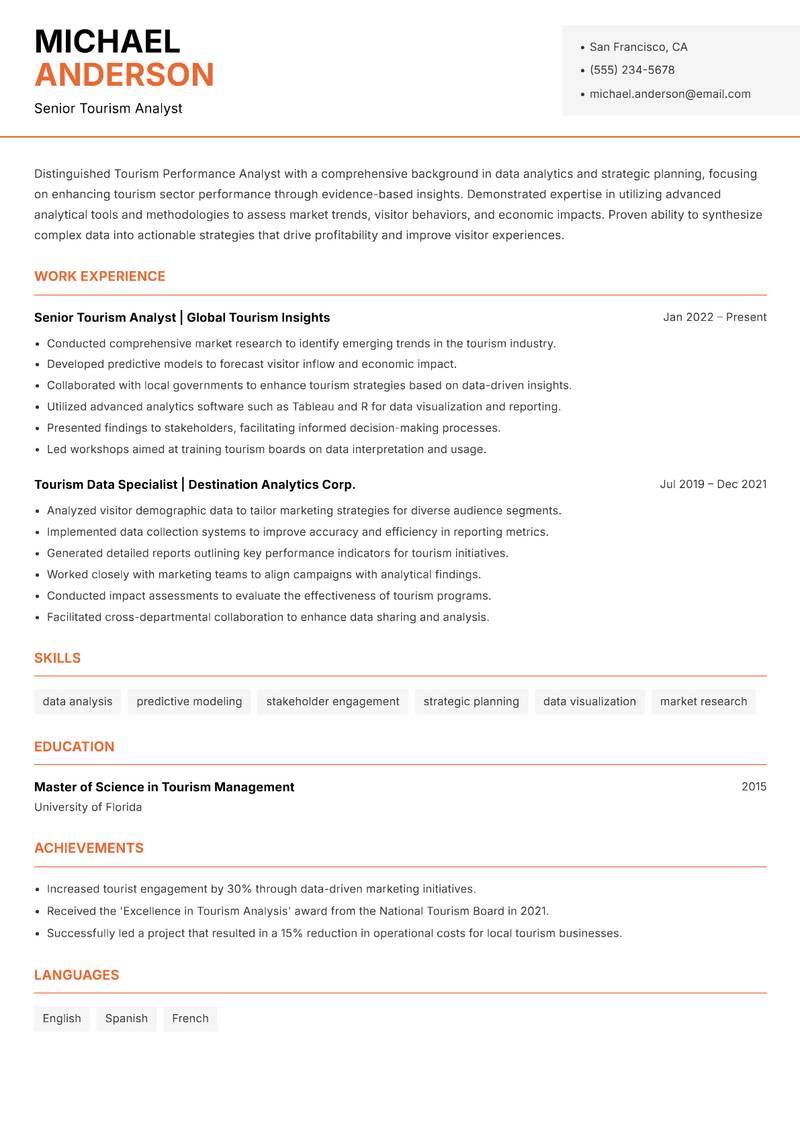 Tourism Performance Analyst resume template — Modern Professional